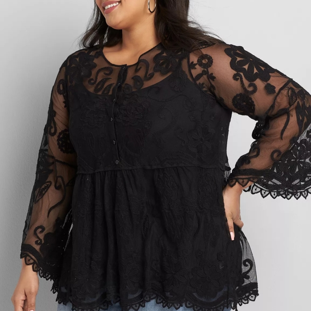 EMBROIDERED MESH BABYDOLL TOP